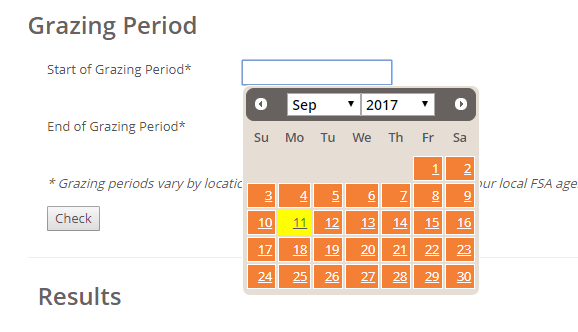 Image showing how to use the calendar tool to input grazing period dates