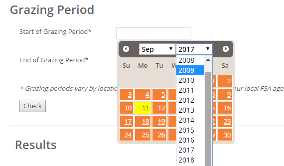 Image showing how to use the calendar tool to input grazing period dates